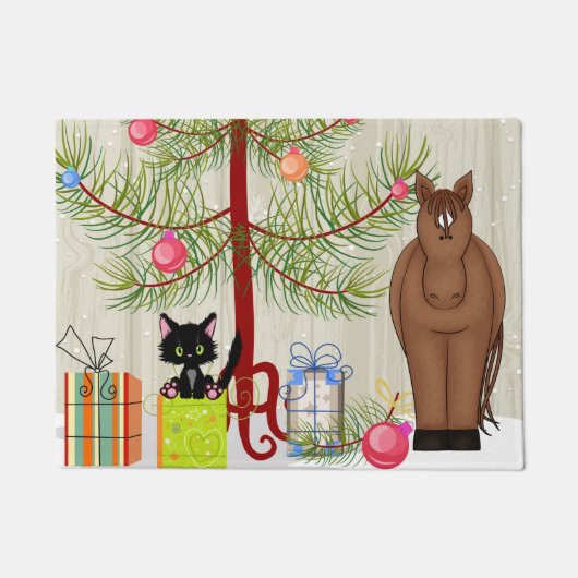 クリスマスツリーと可愛い茶色の馬と子猫 ドアマット (正面)