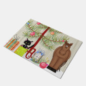 クリスマスツリーと可愛い茶色の馬と子猫 ドアマット (アングル)