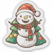 クリスマスツリーと喜ぶ雪だるま シール (正面)