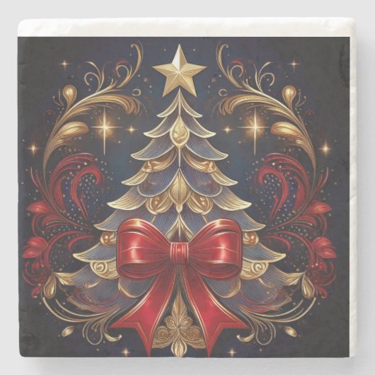 クリスマスツリーと大きな赤い弓 ストーンコースター (正面)