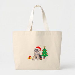 クリスマスツリーと子犬とプレゼントのアート ラージトートバッグ