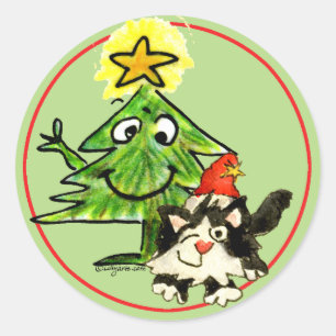 クリスマスツリーと子猫 ラウンドシール
