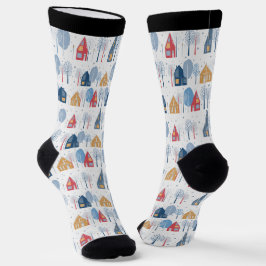 クリスマスツリーと家のパターン ソックス