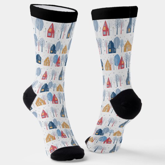 クリスマスツリーと家のパターン ソックス (傾斜あり)