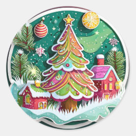 クリスマスツリーと小屋 ラウンドシール