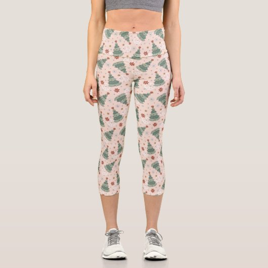 クリスマスツリーと平和のサインのパターン カプリレギンス (正面)