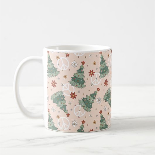 クリスマスツリーと平和のサインのパターン コーヒーマグカップ (左)