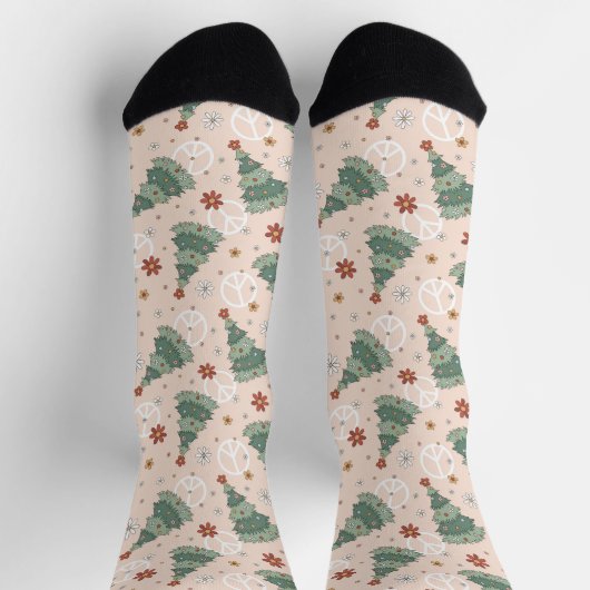 クリスマスツリーと平和のサインのパターン ソックス (上部)