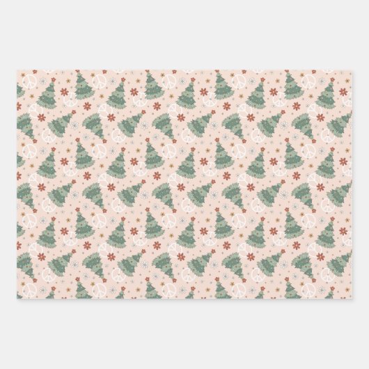 クリスマスツリーと平和のサインのパターン ラッピングペーパーシート (正面)