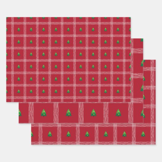 クリスマスツリーと手で描かれたギンガム ラッピングペーパーシート (セット)