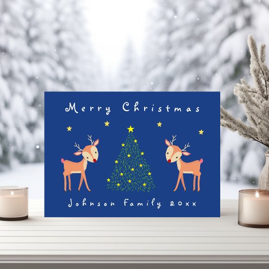 クリスマスツリーと星のいるかわいい鹿 カード