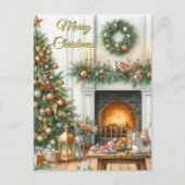 クリスマスツリーと暖炉のホリデー ポストカード (正面)