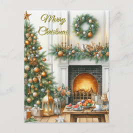 クリスマスツリーと暖炉のホリデー ポストカード