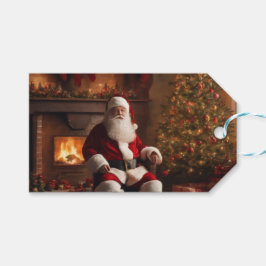 クリスマスツリーと暖炉の付いたサンタクロース ギフトタグ