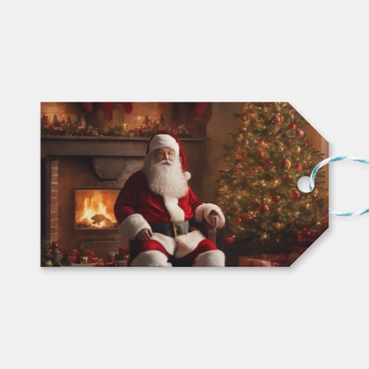 クリスマスツリーと暖炉の付いたサンタクロース ギフトタグ (正面(横))