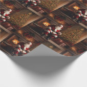 クリスマスツリーと暖炉の付いたサンタクロース ラッピングペーパー (角)