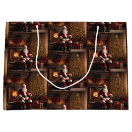 クリスマスツリーと暖炉の付いたサンタクロース ラージペーパーバッグ