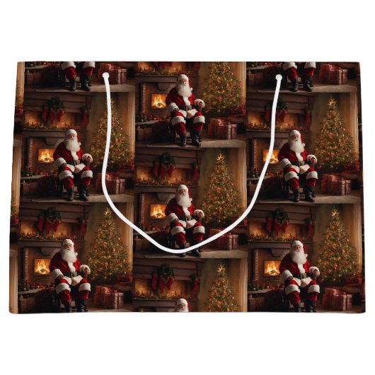 クリスマスツリーと暖炉の付いたサンタクロース ラージペーパーバッグ (正面)
