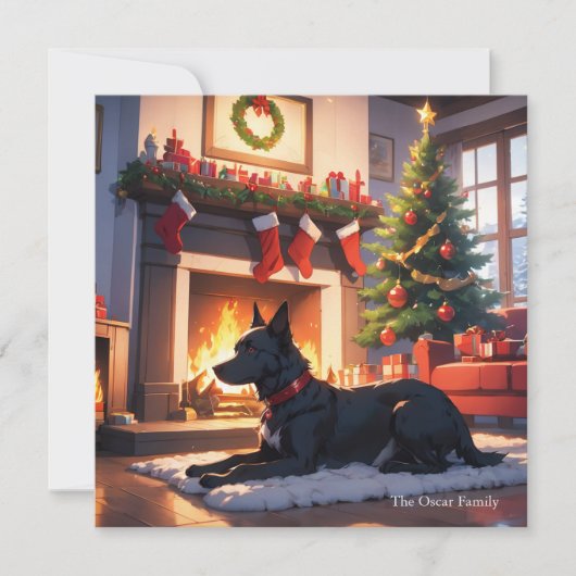 クリスマスツリーと暖炉の付いた犬 シーズンカード (正面)