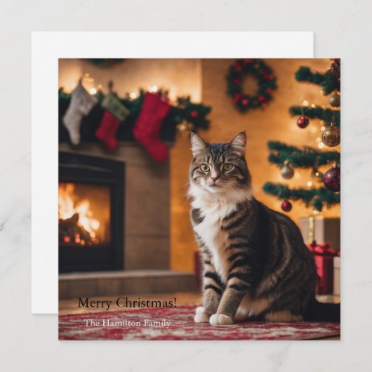 クリスマスツリーと暖炉の付いた猫 シーズンカード (正面/裏面)