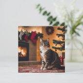 クリスマスツリーと暖炉の付いた猫 シーズンカード (スタンド正面)