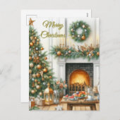 クリスマスツリーと暖炉の休日はがき シーズンポストカード (正面/裏面)