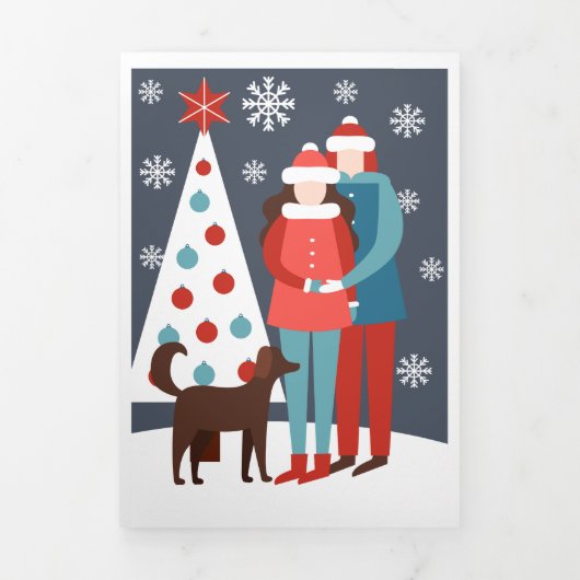 クリスマスツリーと犬とカップル 写真入り 三つ折りクリスマスカード (カバー)