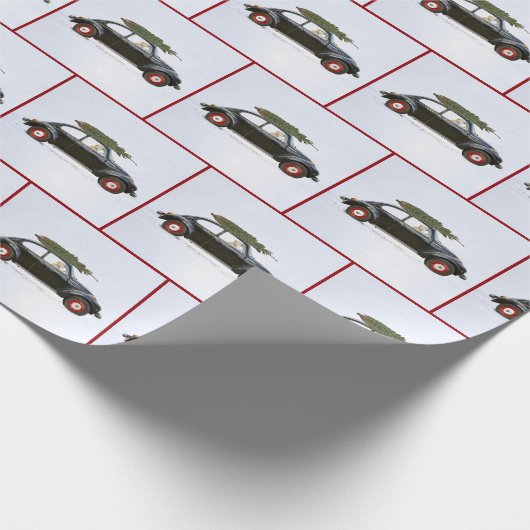 クリスマスツリーと犬を持つ古い車 ラッピングペーパー (角)