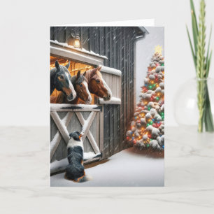 クリスマスツリーと犬を持つ馬小屋 シーズンカード