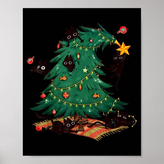 クリスマスツリーと猫 かわいいクリスマスの猫好き ポスター (正面)