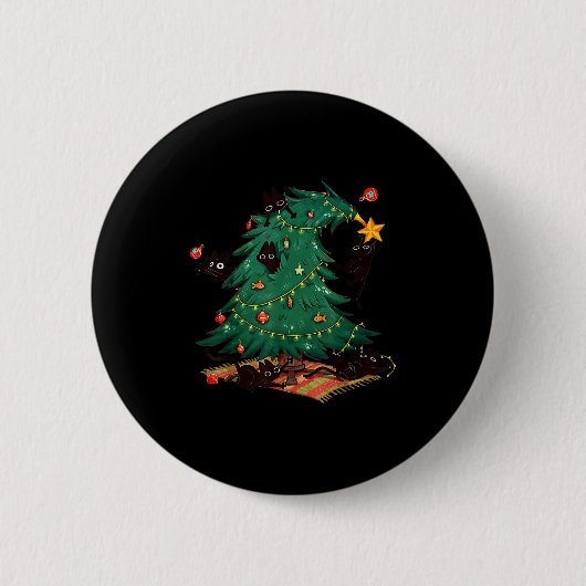 クリスマスツリーと猫 かわいいクリスマス猫好き 缶バッジ (正面)