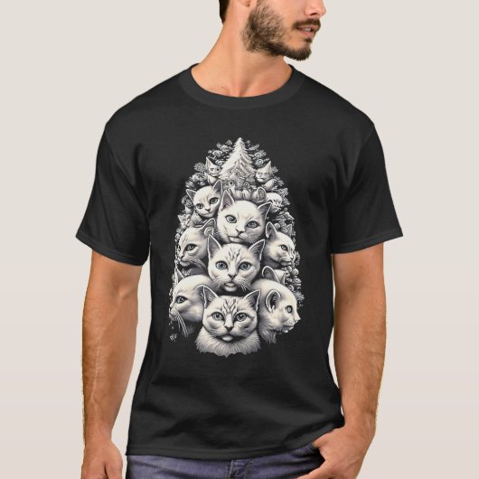 クリスマスツリーと猫 Xmas ネコ Tシャツ (正面)