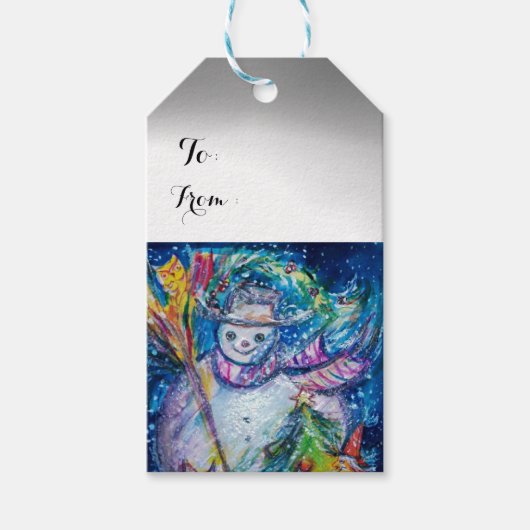 クリスマスツリーと玩具を備えた雪だるま ギフトタグ (正面)