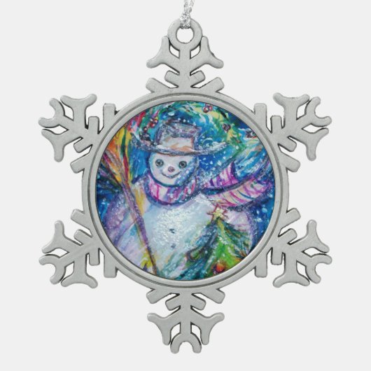 クリスマスツリーと玩具を備えた雪だるま スノーフレークピューターオーナメント (正面)