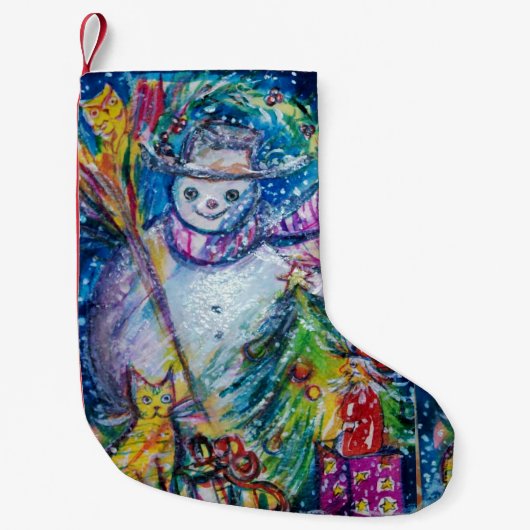 クリスマスツリーと玩具を備えた雪だるま スモールクリスマスストッキング (正面)