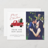 クリスマスツリーと移動する雪だるま付きレッドトラック 案内ポストカード (正面/裏面)