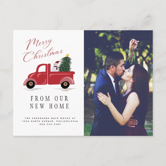 クリスマスツリーと移動する雪だるま付きレッドトラック 案内ポストカード (正面)