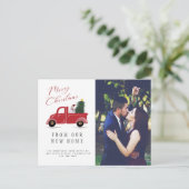 クリスマスツリーと移動する雪だるま付きレッドトラック 案内ポストカード (スタンド正面)