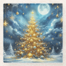 クリスマスツリーと美しい冬の情景 ガラスコースター