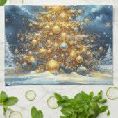クリスマスツリーと美しい冬の情景 キッチンタオル (折り畳み)