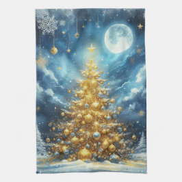 クリスマスツリーと美しい冬の情景 キッチンタオル
