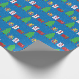 クリスマスツリーと贈り物のブルーラッピング紙 ラッピングペーパー