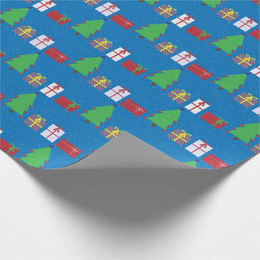 クリスマスツリーと贈り物のブルーラッピング紙 ラッピングペーパー (角)