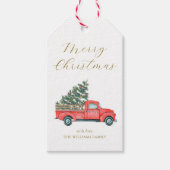 クリスマスツリーと赤いトラックのクラシックなメリークリスマス ギフトタグ (正面)
