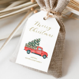 クリスマスツリーと赤いトラックのクラシックなメリークリスマス ギフトタグ
