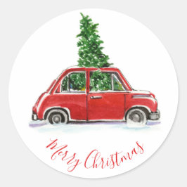 クリスマスツリーと赤いヴィンテージカー ラウンドシール