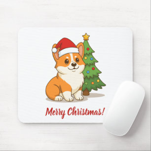 クリスマスツリーと赤い帽子をかぶったかわいいコーギー犬 マウスパッド