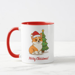 クリスマスツリーと赤い帽子をかぶったかわいいコーギー犬 マグカップ