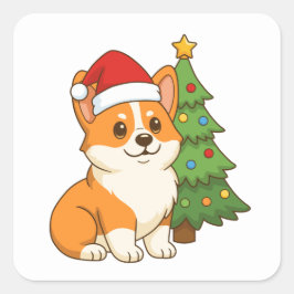 クリスマスツリーと赤い帽子をかぶったかわいいコーギー犬 2 スクエアシール