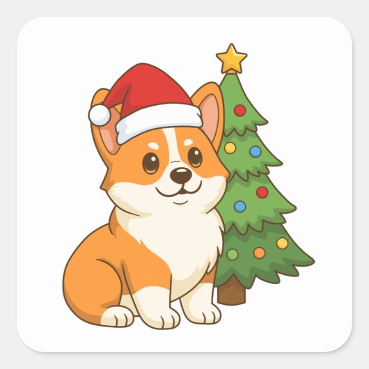 クリスマスツリーと赤い帽子をかぶったかわいいコーギー犬 2 スクエアシール (正面)